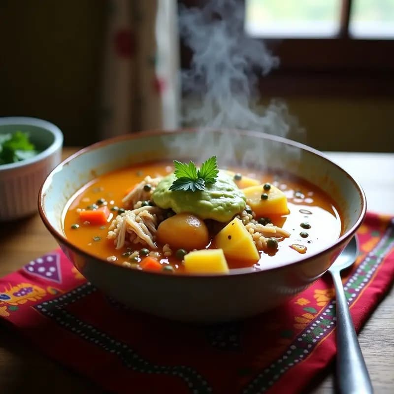 Bowl de ajiaco colombiano con quinoa y pollo en olla exprés, servido con crema de aguacate, alcaparras y tres tipos de papa, decorado con guascas frescas.