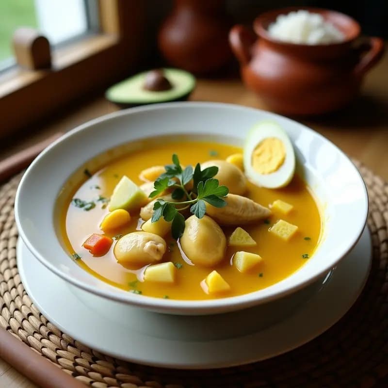 Plato hondo de cerámica blanca con ajiaco Santéfeño: caldo cremoso amarillo con trozos de pollo, tres tipos de papa, maíz y hierbas. Acompañado de huevo duro, aguacate y alcaparras en un mantel rústico.