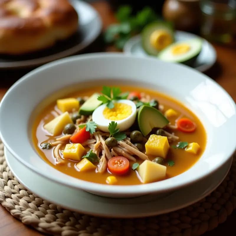 Plato hondo de barro con ajiaco santafereño contundente: trozos de pollo dorado, mazorca amarilla, papas de tres tipos, huevo duro picado y aguacate en cubos. Decorado con guascas frescas y un hilo de crema de leche, sobre fondo de madera rústica.