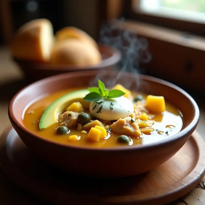Plato hondo de barro lleno de ajiaco santafereño con pollo y tres tipos de papa, maíz tierno, aguacate en cubos, crema de leche, alcaparras y huevo duro. Fondos borrosos de hierbas frescas y pan tradicional.