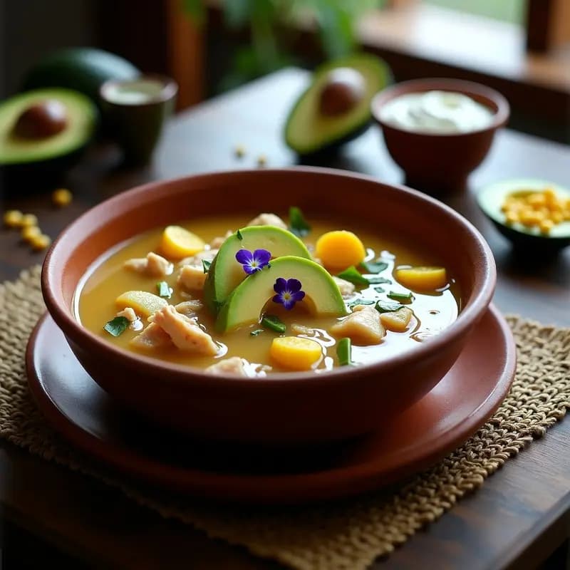 Plato hondo de barro con Ajiaco Santafereño tradicional: caldo espeso con trozos de pollo, tres tipos de papa, mazorca y guascas, acompañado de huevo duro, aguacate, crema de leche y alcaparras sobre fondo rústico de madera.