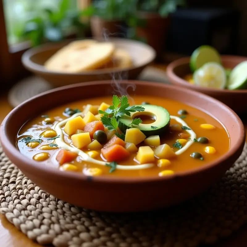 Plato hondo de barro con ajiaco santafereño vegano, mostrando tres tipos de papa en cubos, rodajas de mazorca amarilla, crema de anacardos y aguacate en trozos, decorado con alcaparras y guascas frescas.