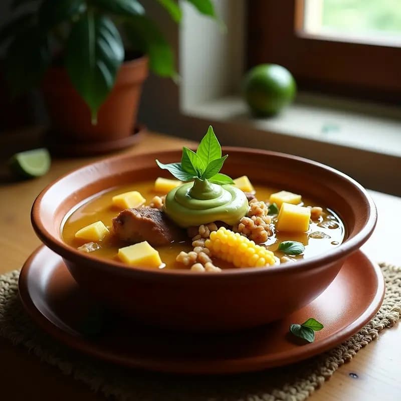 Plato hondo de barro con ajiaco santanderiano: caldo dorado con trozos de pollo, cerdo, res, papa criolla, yuca y maíz, coronado con crema de aguacate verde y hojas de guarasa fresca.