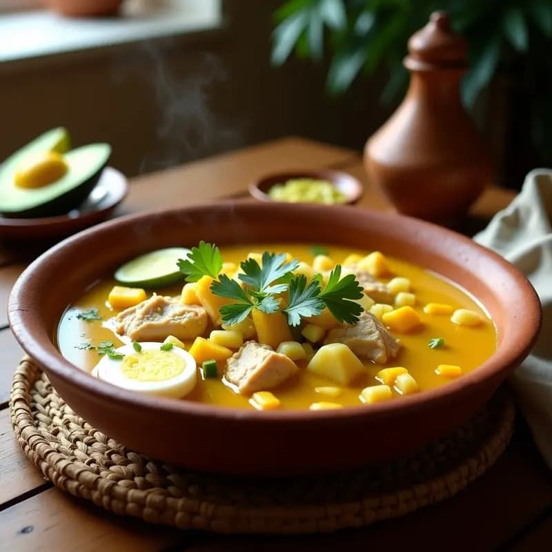 Plato hondo de barro con ajiaco santanderiano, trozos de pollo, mazorcas tiernas, papas sabaneras y pastusas, adornado con huevo duro, aguacate, cilantro y hojas de capuchina. Receta tradicional colombiana en olla rápida.