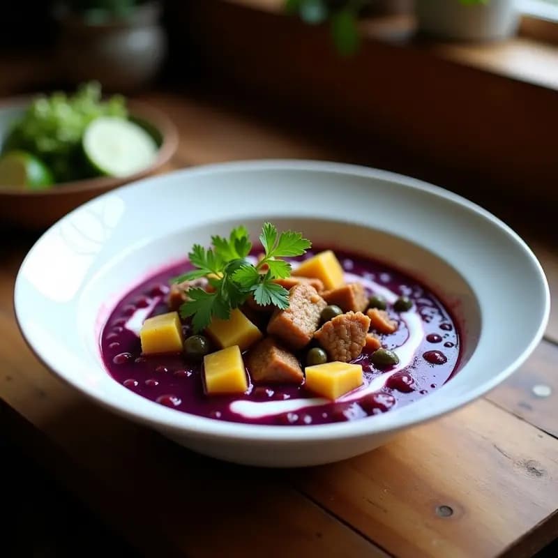 Plato hondo de barro con Ajiaco Colombiano vegano: caldo morado intenso con trozos de papa criolla, sabanera, maíz morado y pollo de seitán dorado. Acompañado de crema de aguacate verde, hojas de capuchina y guascas frescas. Fondo rústico con textura de madera.