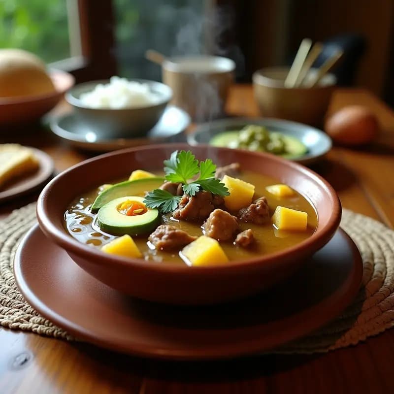Plato hondo de barro con ajiaco colombiano espeso, tres carnes (pollo, cerdo, res), papas nativas, mazorca y trozos de aguacate hass. Acompañado de crema de aguacate con huevo y alcaparras, decorado con cilantro fresco.
