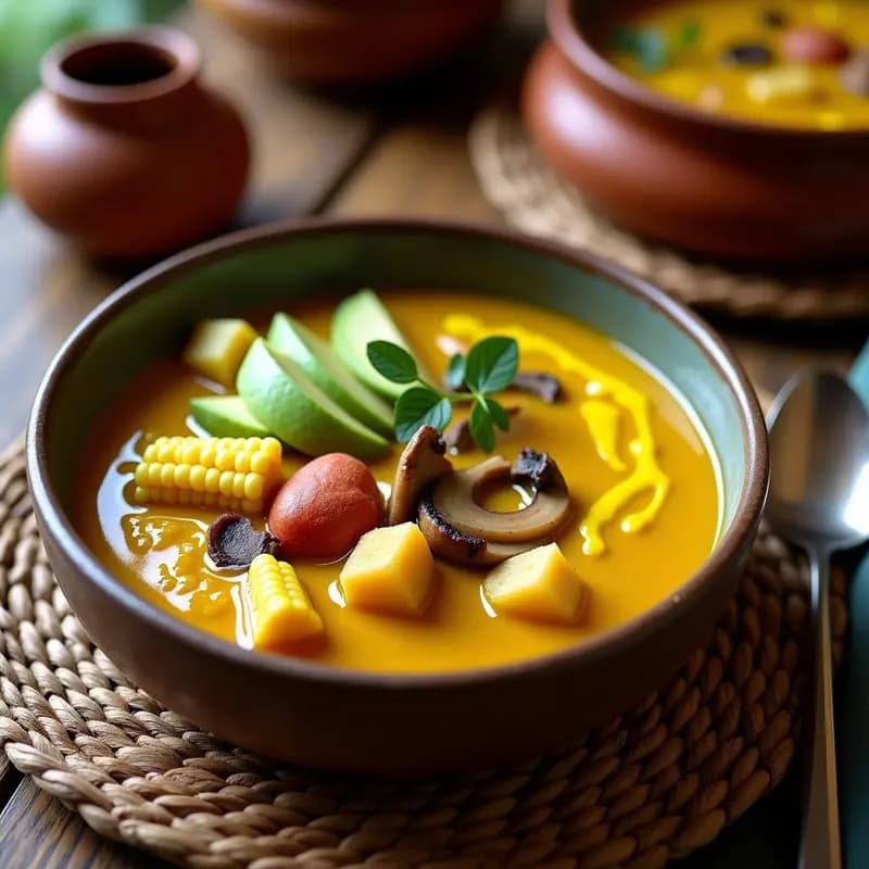 Plato hondo de barro con ajiaco vegano colombiano: caldo espeso con trozos de papa sabanera, pastusa y criolla, mazorca de maíz, seitán dorado, hongos portobello y guascas, servido con aguacate y capuchina.
