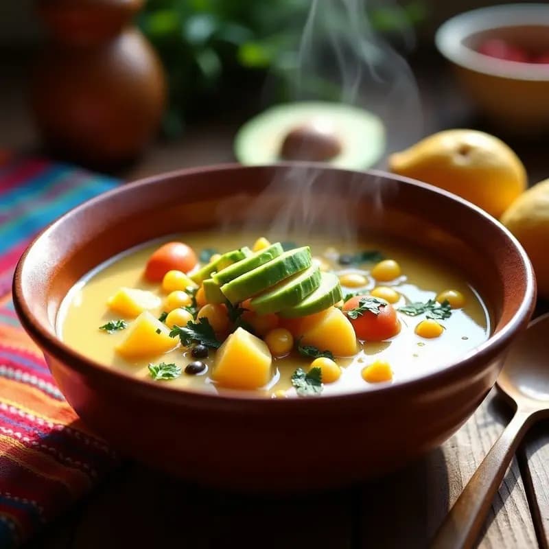 Plato hondo de barro con ajiaco vegano de papa y mazorca con guascas, rodeado de rodajas de aguacate, crema de ajonjolí y alcaparras, sobre una mesa rústica de madera con telas colombianas de fondo.