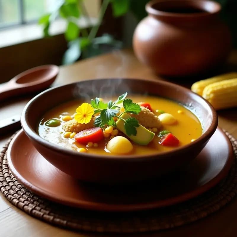Plato hondo de barro con Ajiaco Colombiano Vegano con Pollo de Soja, servido con tres tipos de papa, maíz tierno, guascas, aguacate, crema vegana y capuchina, sobre una mesa de madera rústica.