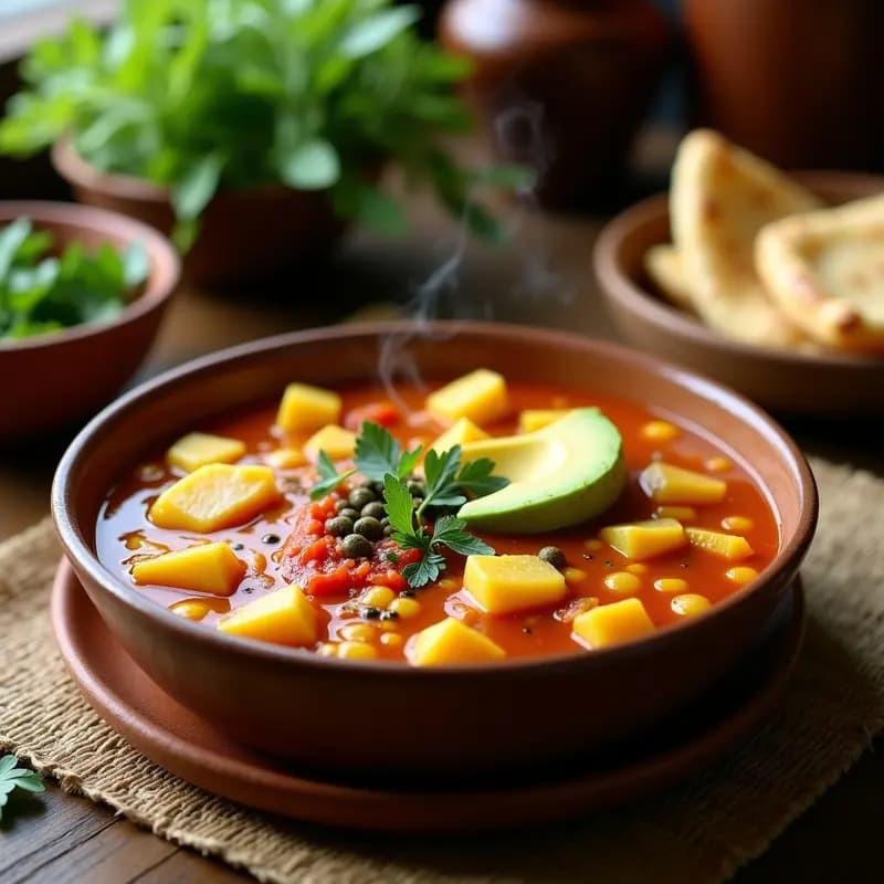 Plato hondo de barro repleto de ajiaco colombiano vegano con tres tipos de papa, trozos de mazorca, guascas frescas y aguacate en rodajas, acompañado de crema de ají y alcaparras.