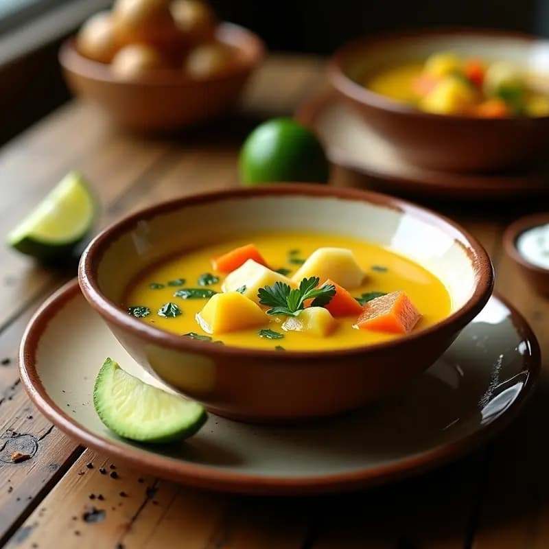 Plato hondo de barro con ajiaco colombiano vegano: sopa cremosa con trozos de tres papas, mazorca tierna y guascas, acompañada de aguacate en cubos y crema de anacardos. Fondos de colores tierra y texturas rústicas.