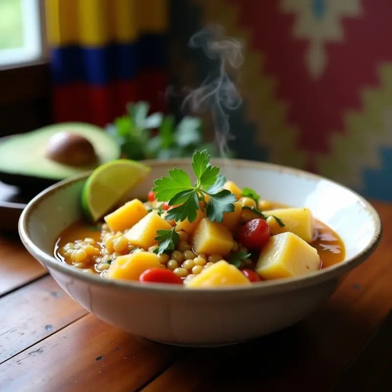 Plato hondo de cerámica blanca con ajiaco santafereño vegano de tres papas, maíz tierno y guascas, acompañado de aguacate en mitades y cilantro fresco. Receta colombiana tradicional adaptada a versión vegana.