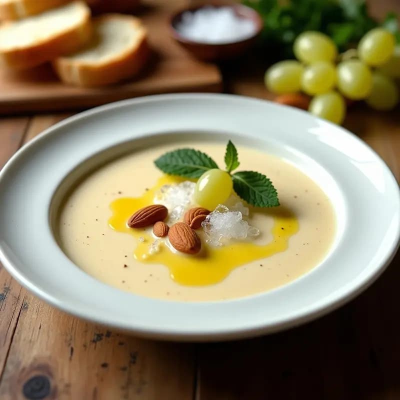 Cuenco de barro blanco con ajoblanco con uvas, sopa fría andaluza cremosa de color beige claro, decorada con uvas blancas enteras y cortadas, hilo de aceite de oliva virgen extra y hielo picado. Fondo rústico con pan tostado y almendras al lado.