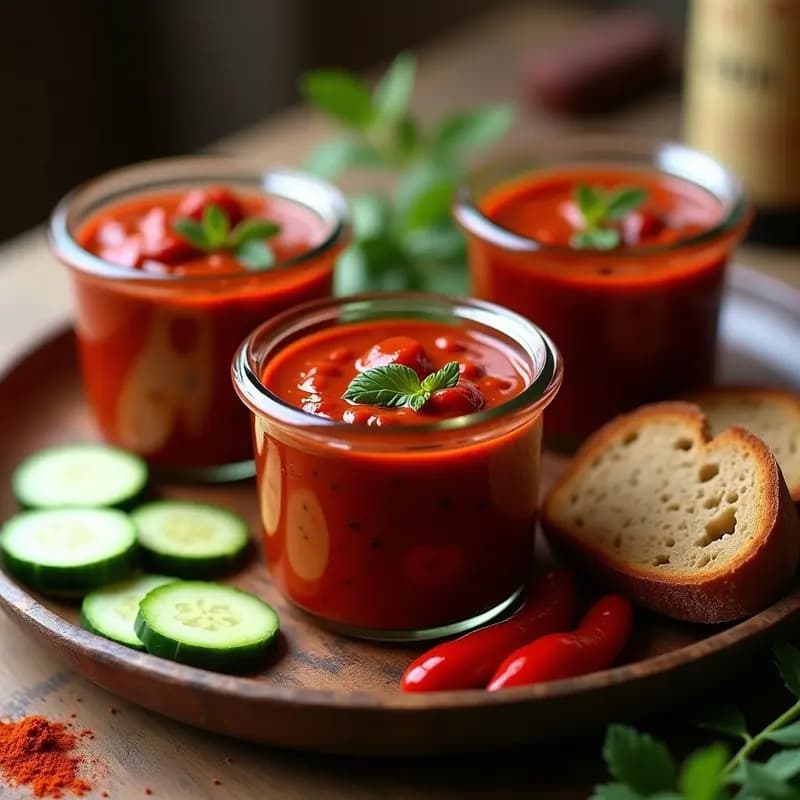 Tarros de cristal transparentes llenos de ajvar balcánico vegano de pimiento rojo y berenjena, con textura cremosa y color rojo intenso, acompañados de pan integral tostado y rodajas de pepino fresco sobre una tabla de madera rústica.