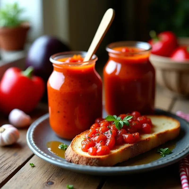 Tarros de vidrio transparentes llenos de ajvar balcánico de pimientos rojos asados y berenjena, con textura cremosa y color rojo intenso, sobre una mesa de madera rústica con rodajas de pan y hierbas frescas alrededor.