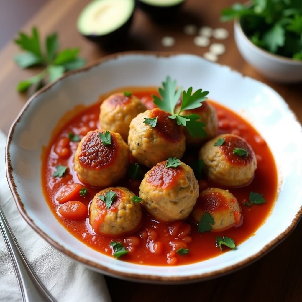 Albóndigas veganas de berenjena y avena en olla exprés, doradas y jugosas, servidas en un plato blanco con salsa de tomate y perejil fresco, acompañadas de quinoa.