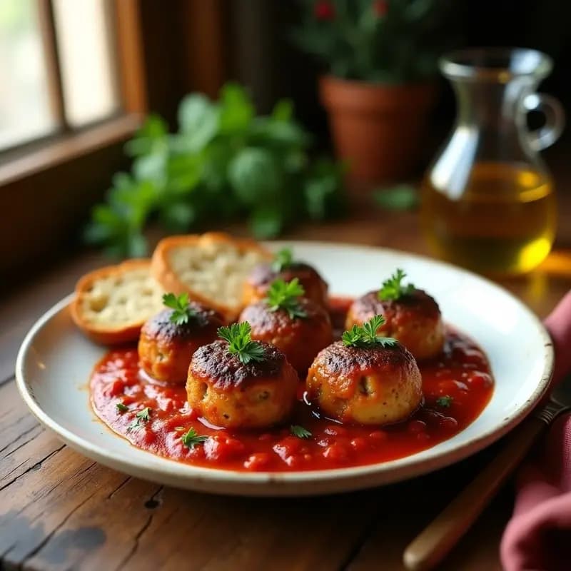 Plato hondo de cerámica blanca con albóndigas doradas de berenjena y carne, bañadas en salsa de tomate casera, decoradas con perejil fresco y acompañadas de pan rústico. Receta andaluza tradicional con toque moderno.