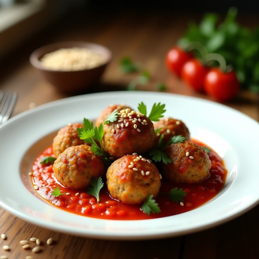 Plato blanco con albóndigas veganas de berenjena y lentejas rojas doradas en sartén sin aceite, acompañadas de salsa de tomate espesa y decoradas con perejil fresco y semillas de sésamo tostado.