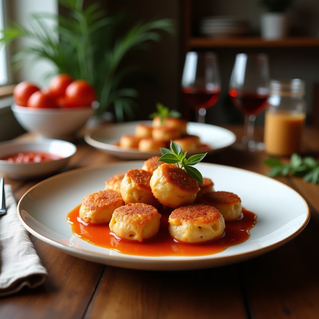 Plato blanco con albóndigas doradas de berenjena y pimentón ahumado, decoradas con perejil fresco y servidas con una salsa de tomate ligera. Receta vegana en Thermomix sin huevos.