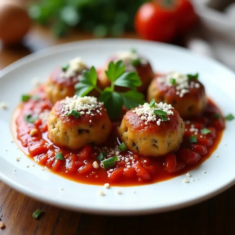 Plato blanco con albóndigas de berenjena y piñones doradas, bañadas en salsa de tomate casera, acompañadas de perejil fresco picado y virutas de queso parmesano, receta italiana sin carne en Thermomix.