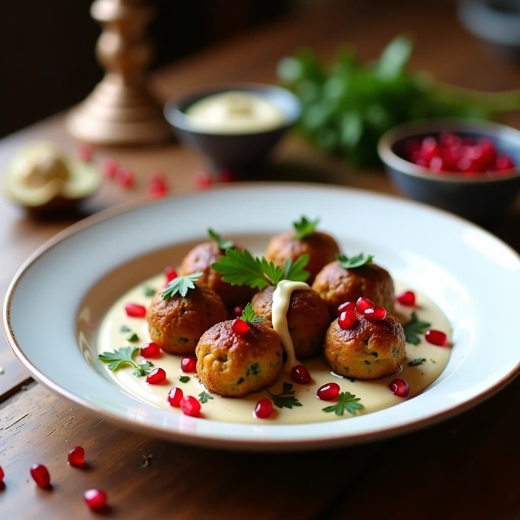 Plato blanco con albóndigas doradas de berenjena y pipas de calabaza veganas, servidas con salsa de tahini, semillas de granada y perejil fresco. Receta en Airfryer con toque persa, fondo rústico de madera.