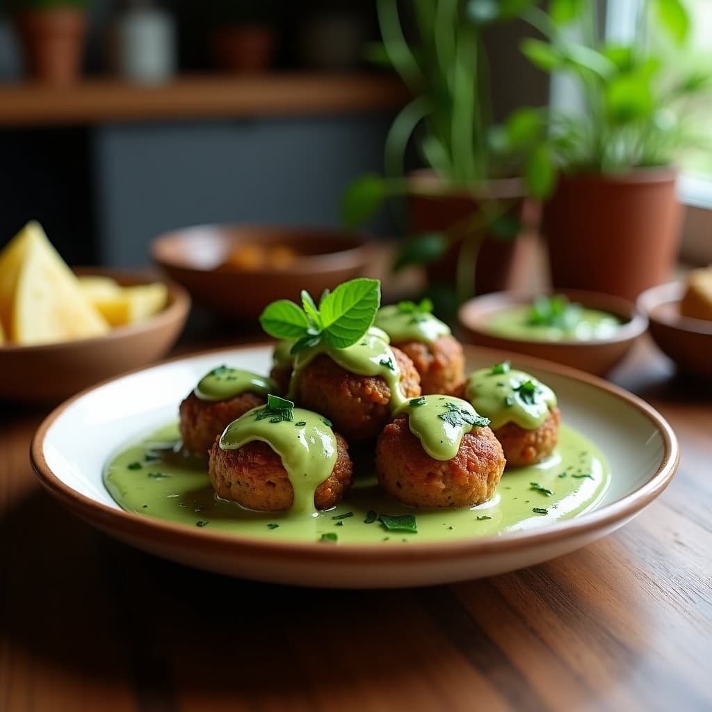 Plato de albóndigas doradas de berenjena bañadas en pipián verde cremoso, decoradas con cilantro fresco y semillas de calabaza, servidas en un plato de barro rústico con fondo de madera oscura.