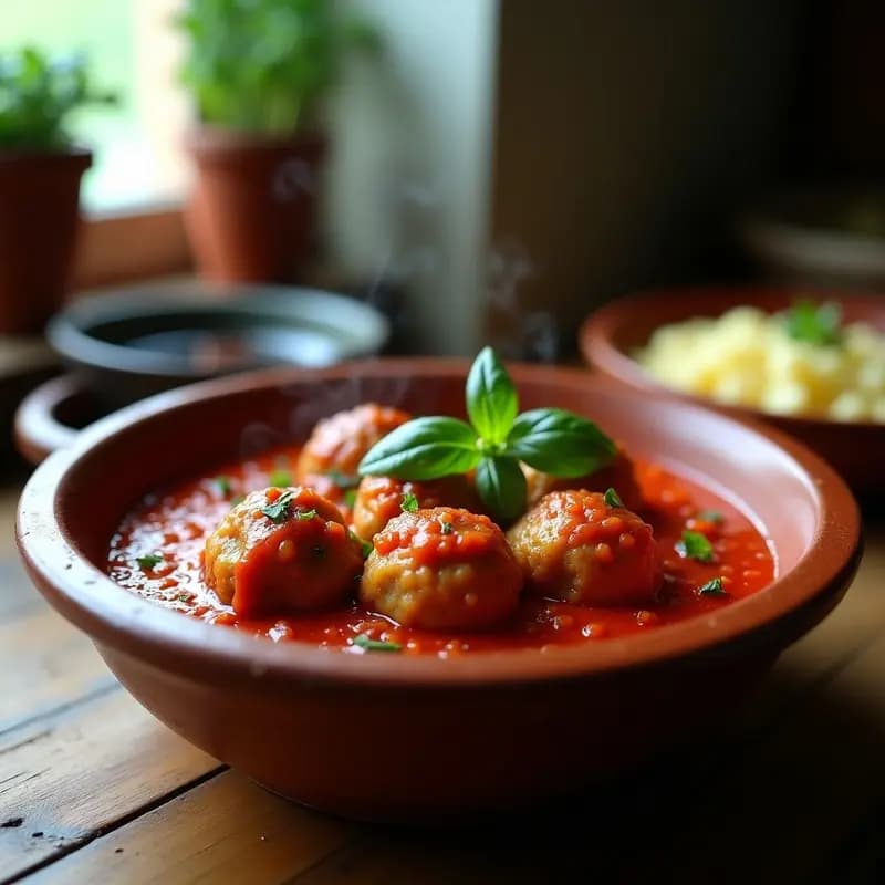 Plato hondo de barro con albóndigas de berenjena veganas bañadas en salsa de tomate casero, decoradas con perejil fresco y servidas sobre un fondo rústico de madera. Receta de albóndigas de berenjena en olla rápida.