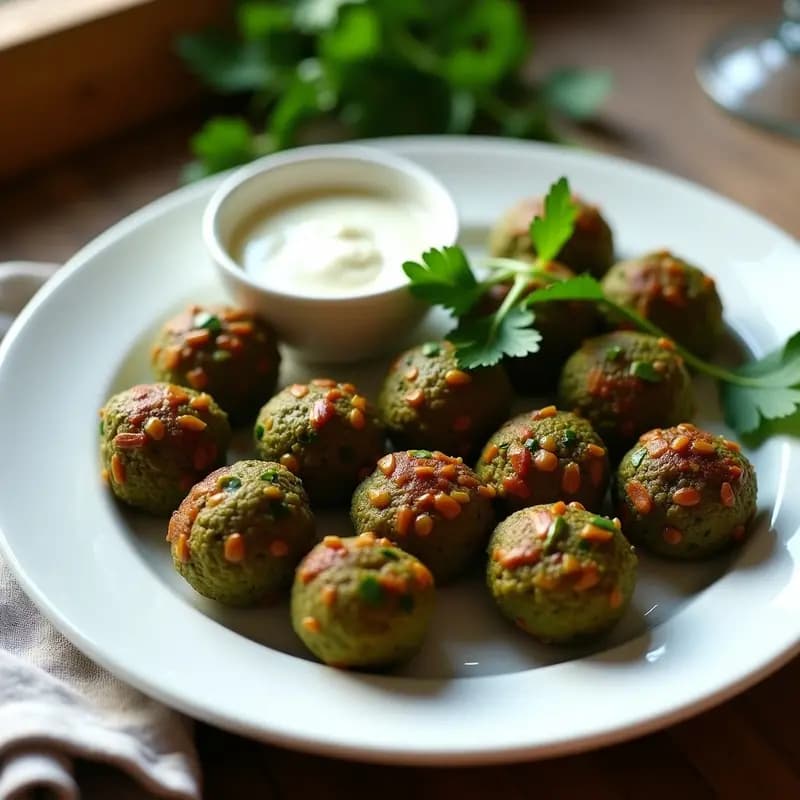 Plato blanco con albóndigas redondas de color verde oscuro y dorado, hechas de berros y semillas de calabaza, decoradas con hojas frescas y servidas con un dip cremoso. Receta vegana crudivegana en 10 minutos.