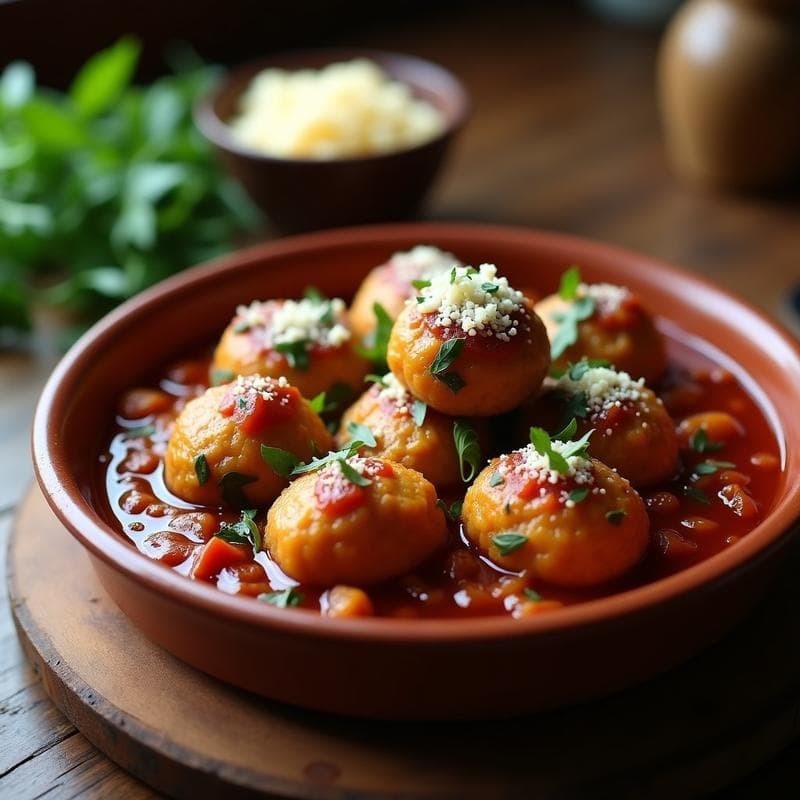 Plato hondo de barro con albóndigas doradas de berza y queso manchego bañadas en una salsa espesa de tomate y berza, servidas en olla lenta con un toque rústico.