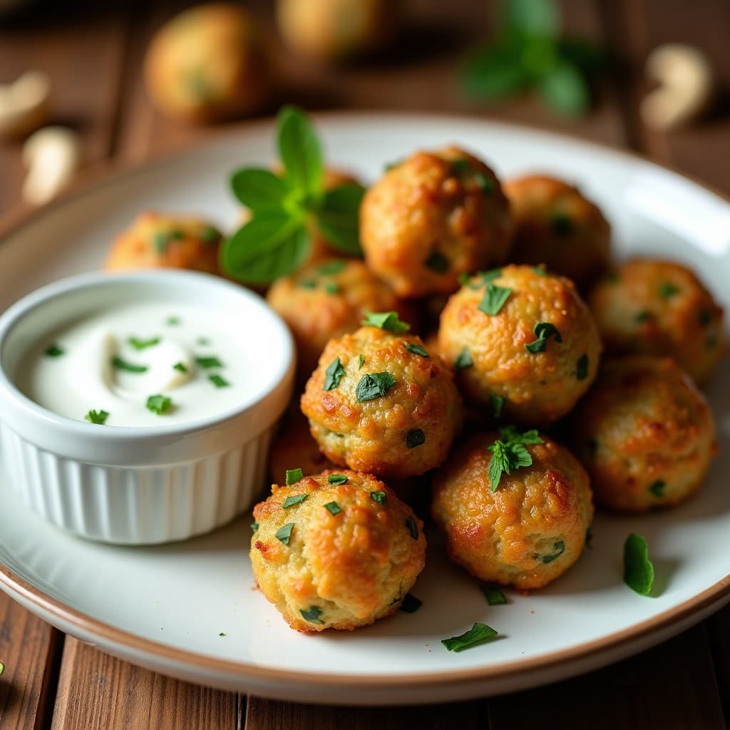 Albóndigas doradas y crujientes de calabacín y anacardos en Airfryer, servidas sobre un plato blanco con salsa de yogur de soja y perejil fresco. Receta vegana sin carne, alta en proteína y baja en calorías.