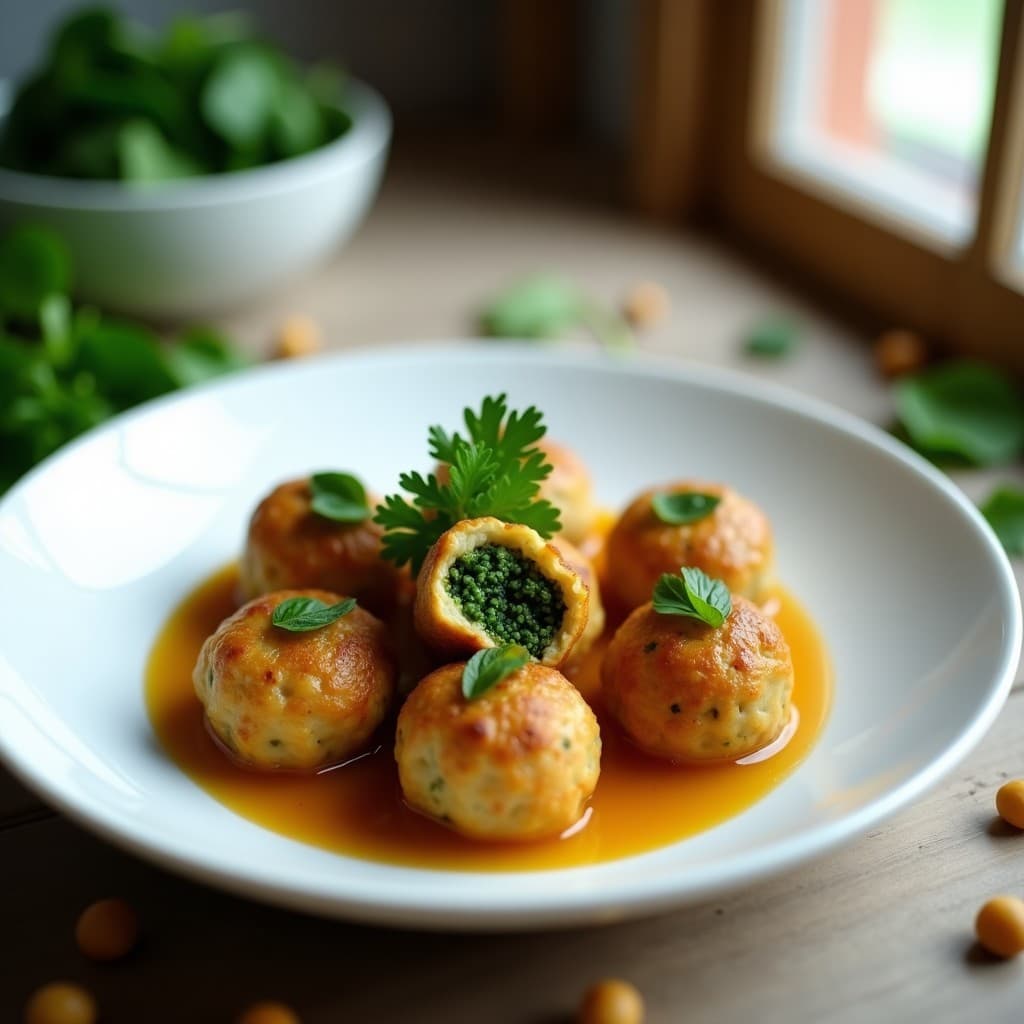Plato blanco con albóndigas doradas de garbanzo y espinacas, servidas con caldo ligero y decoradas con perejil fresco. Receta en olla exprés alta en hierro, textura jugosa y color vibrante.