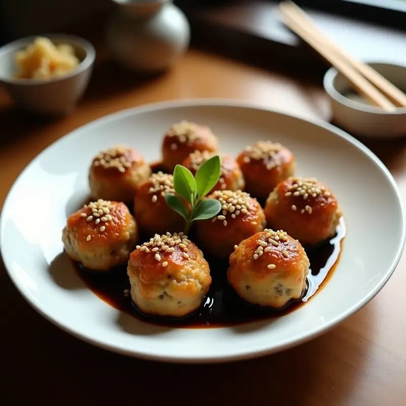 Albóndigas doradas de lentejas beluga y setas shimeji servidas en un plato blanco, con semillas de sésamo espolvoreadas y acompañadas de una salsa oscura. Receta japonesa en airfryer con umami.