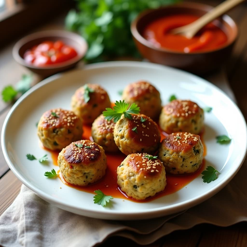 Plato blanco con albóndigas doradas de lentejas pardina y calabacín, cubiertas de semillas de sésamo, servidas con salsa de tomate y perejil fresco. Receta española en airfryer sin aceite, alta en proteína.