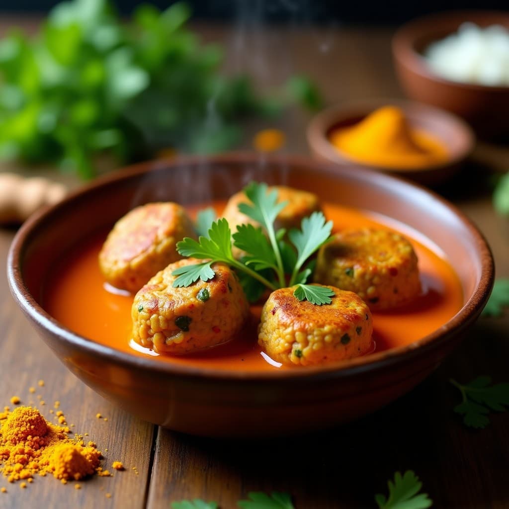 Plato hondo de barro con albóndigas doradas de lentejas y calabacín bañadas en una salsa cremosa de curry rojo y leche de coco, decoradas con cilantro fresco y acompañadas de arroz basmati integral. Receta vegana en olla lenta alta en hierro.