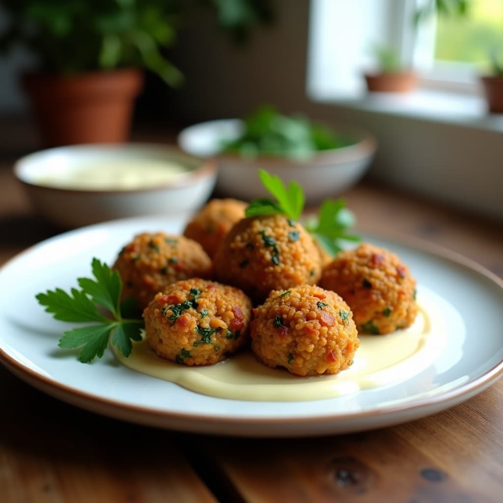 Albóndigas doradas y crujientes de lentejas rojas y espinacas servidas en un plato blanco, acompañadas de salsa de tomate y hierbas frescas. Receta vegana en Air Fryer.