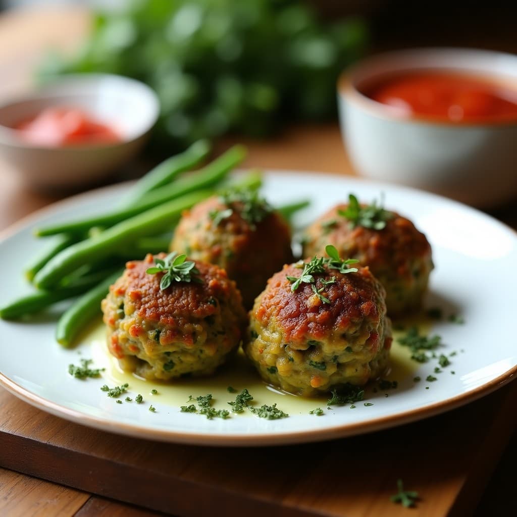 Albóndigas de lentejas y espirulina doradas en Airfryer, con un color verde-azulado por la espirulina, servidas en plato blanco con hierbas provenzales espolvoreadas y acompañadas de salsa de tomate.