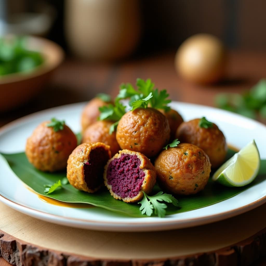 Plato blanco con albóndigas de lentejas negras y ñame morado, doradas y jugosas, decoradas con cilantro fresco y rodajas de limón, fondo de hoja de plátano para ambiente afrocaribeño.