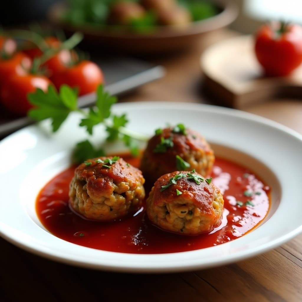 Albóndigas doradas de lentejas y remolacha al horno en Airfryer, servidas en un plato blanco con salsa de tomate natural y perejil fresco picado, receta sin carne y alta en hierro.