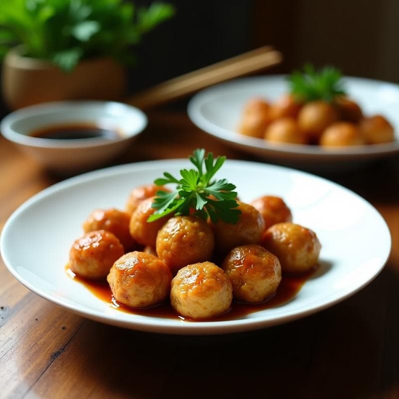 Plato blanco con albóndigas doradas de lentejas rojas y algas wakame, decoradas con perejil fresco. Fondo rústico de madera con un bol de salsa de soja y palillos al lado. Receta japonesa en olla exprés con umami.