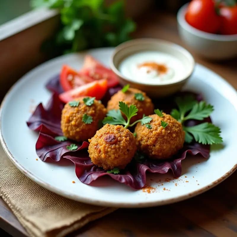 Plato de albóndigas de merkén y lentejas rojas veganas, doradas al horno, servidas sobre hoja de lechuga morada con rodajas de tomate y cilantro fresco, acompañadas de una salsa cremosa. Receta chilena alta en hierro.