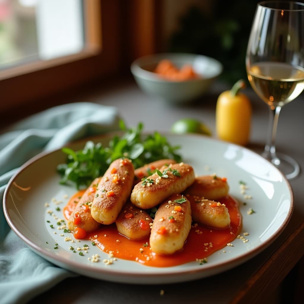 Plato blanco con albóndigas de merluza y algas nori al vapor, bañadas en salsa de soja y limón, decoradas con semillas de sésamo y tiras de alga nori. Receta japonesa alta en yodo en olla exprés.