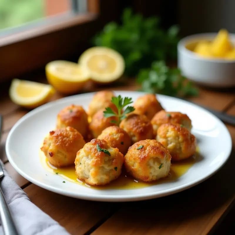 Albóndigas doradas de merluza y limón confitado servidas en plato blanco, con un toque crujiente por fuera y jugosas por dentro, receta española en airfryer sin gluten.