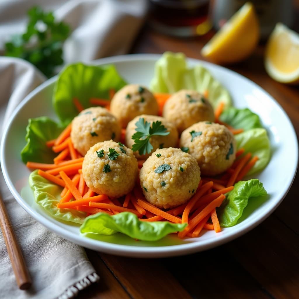 Plato blanco con albóndigas de merluza y quinoa al vapor, doradas y esponjosas, acompañadas de zanahoria rallada naranja y hojas de lechuga verde. Receta peruana baja en grasas en olla exprés.