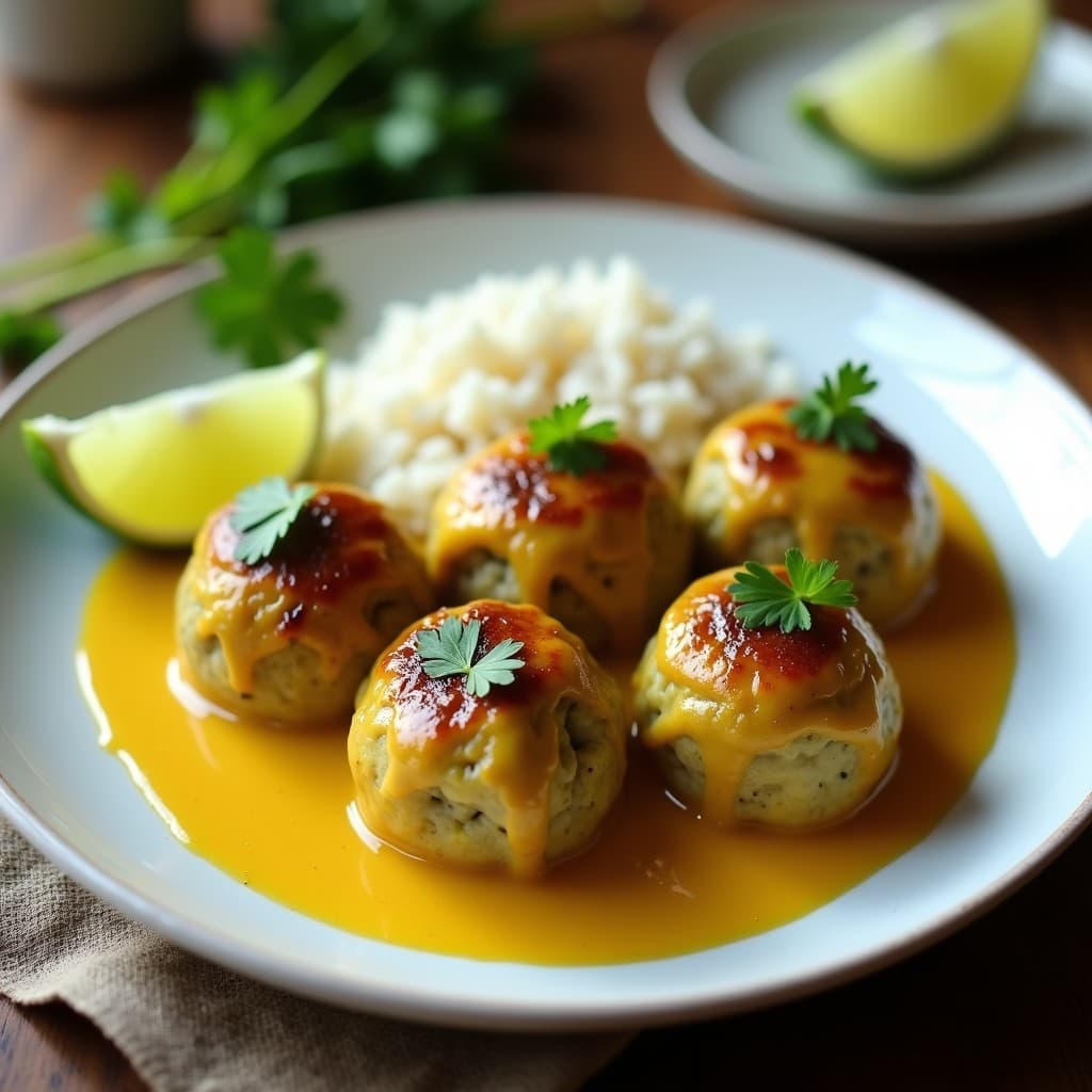 Albóndigas doradas de pavo y calabacín al curry en airfryer, servidas en plato blanco con salsa de yogur y cilantro fresco, acompañadas de ensalada de pepino y zanahoria rallada.