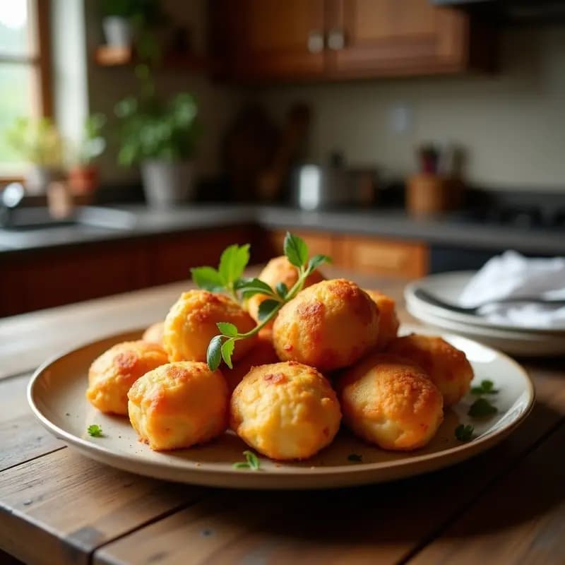 Plato blanco con albóndigas doradas y crujientes por fuera, rellenas de queso mozzarella fundido y jamón York, servidas con salsa barbacoa al lado. Receta de albóndigas de queso mozzarella y jamón York fritas.