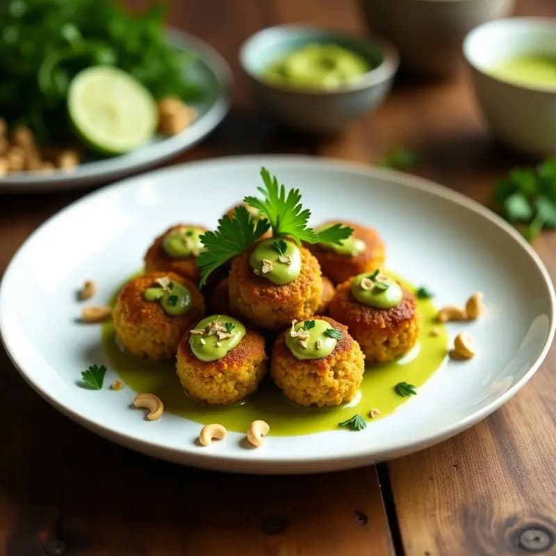 Plato blanco con albóndigas doradas de quinoa y calabacín al curry verde tailandés, servidas con salsa de coco cremosa, cilantro fresco y anacardos picados. Receta vegana en airfryer.