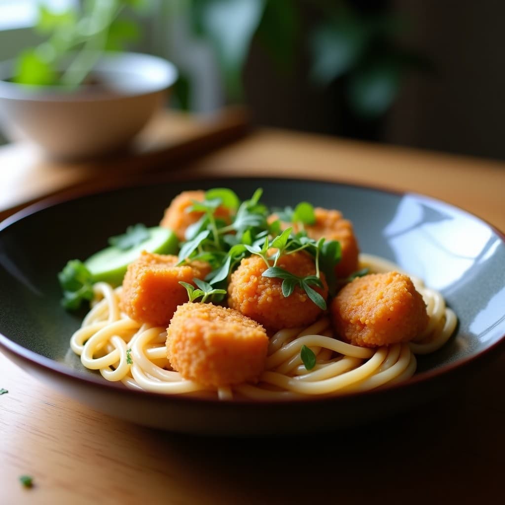 Plato japonés con albóndigas doradas de setas Shimeji y tofu sedoso, servidas sobre un bowl de arroz integral con semillas de sésamo, perejil fresco y salsa de soja. Receta vegana alta en proteína y umami.