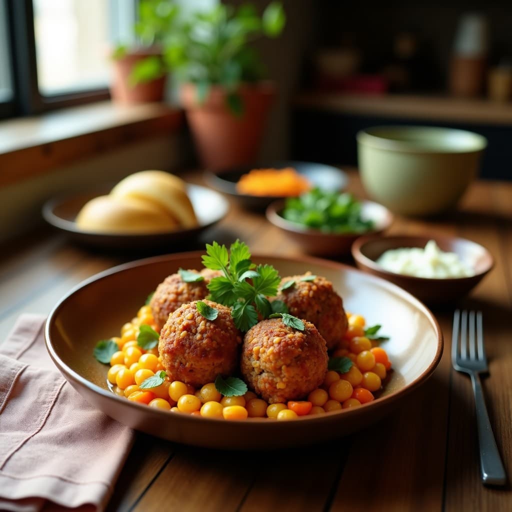 Plato de albóndigas de Sincelejo doradas en airfryer, con base de carne vegetal y avena, bañadas en salsa de tomate espesa y decoradas con cilantro fresco, servidas sobre hoja de plátano con arroz blanco al lado.