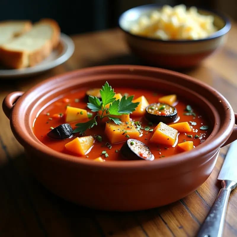 Cazuela de barro humeante con alboronía de berenjenas y calabacines vegana, guiso andaluz tradicional con trozos de verduras tiernas bañadas en salsa de tomate especiada, servida con pan rústico al lado.