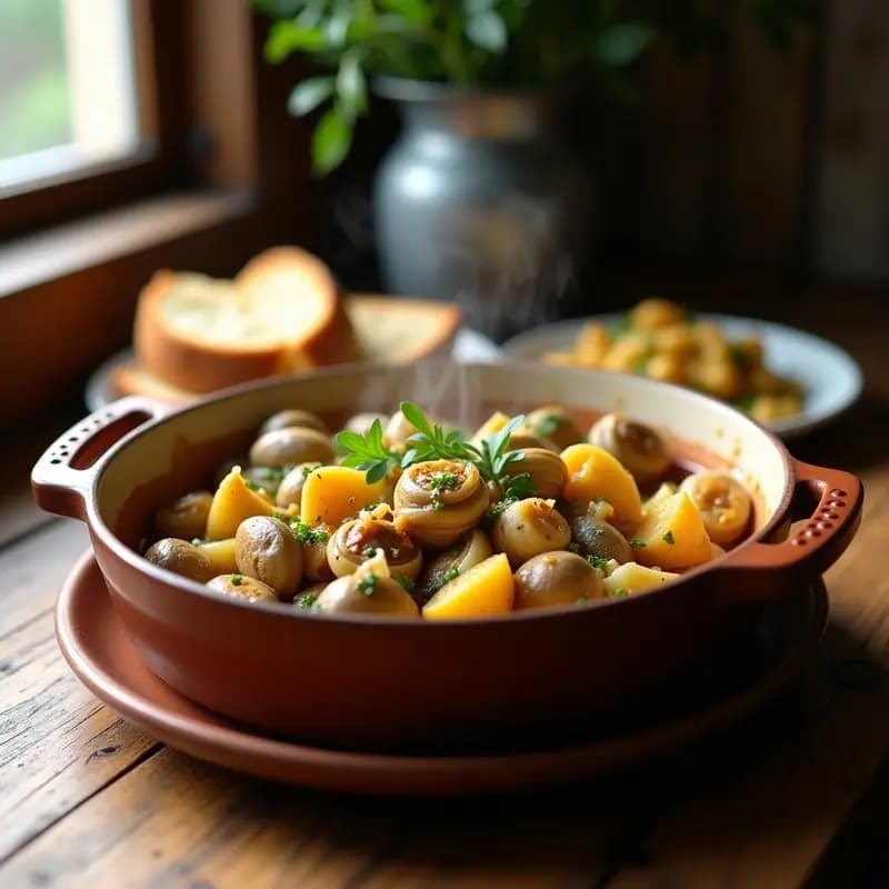 Cazuela de barro humeante con alcachofas con almejas a la marinera, receta vasca tradicional, salsa marinera espesa con perejil fresco y trozos de almejas abiertas, servida en plato rústico.
